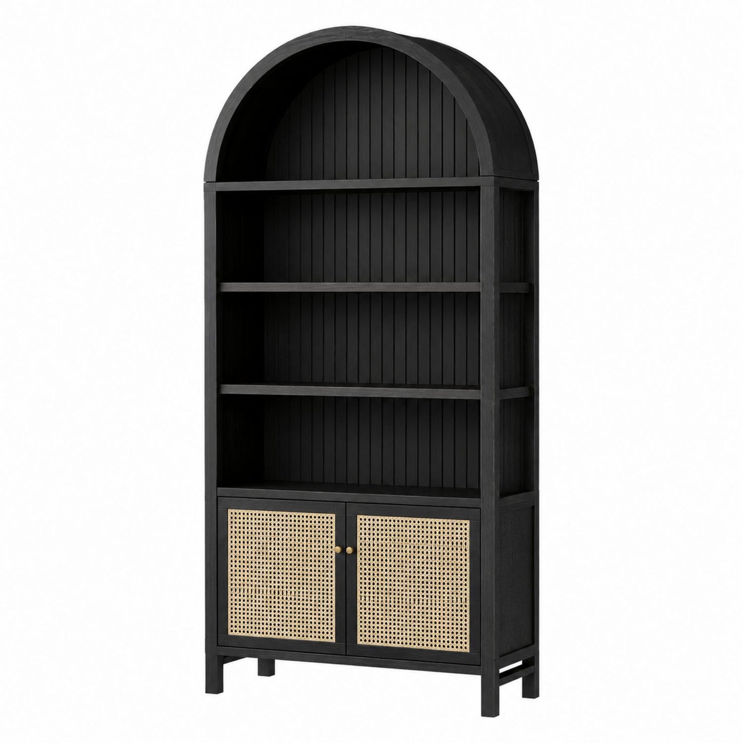 Black Wood and Rattan Bookcase with Arched Top and Doors 183cm x 90cm x 40cm