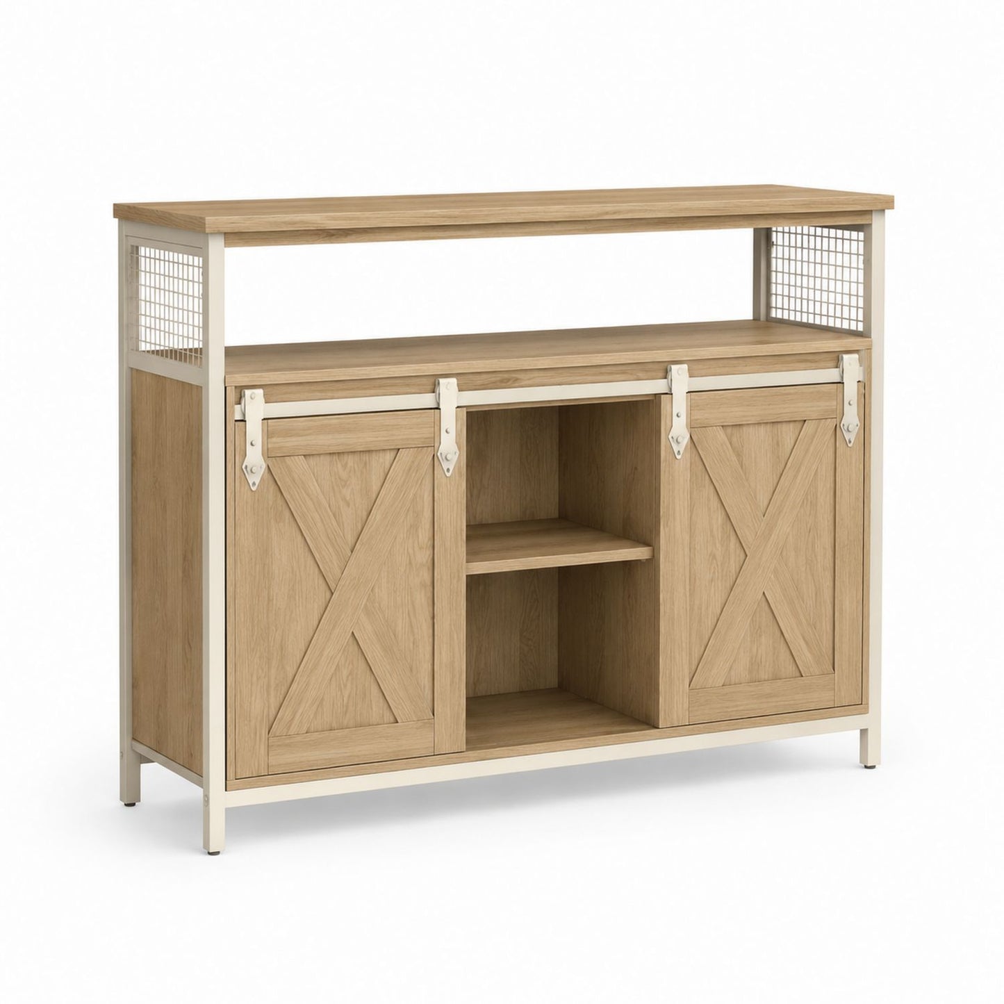 Wooden Sideboard with Sliding Barn Doors and Mesh Panels, Natural