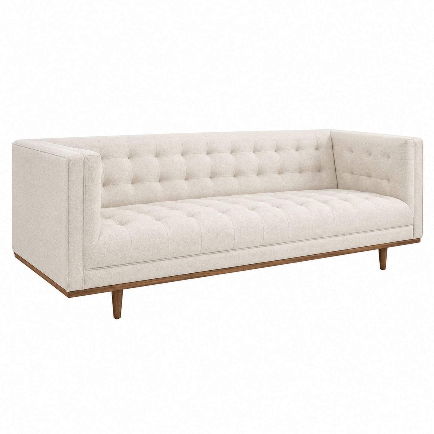 Beige Linen Three-Seater Sofa with Wooden Base