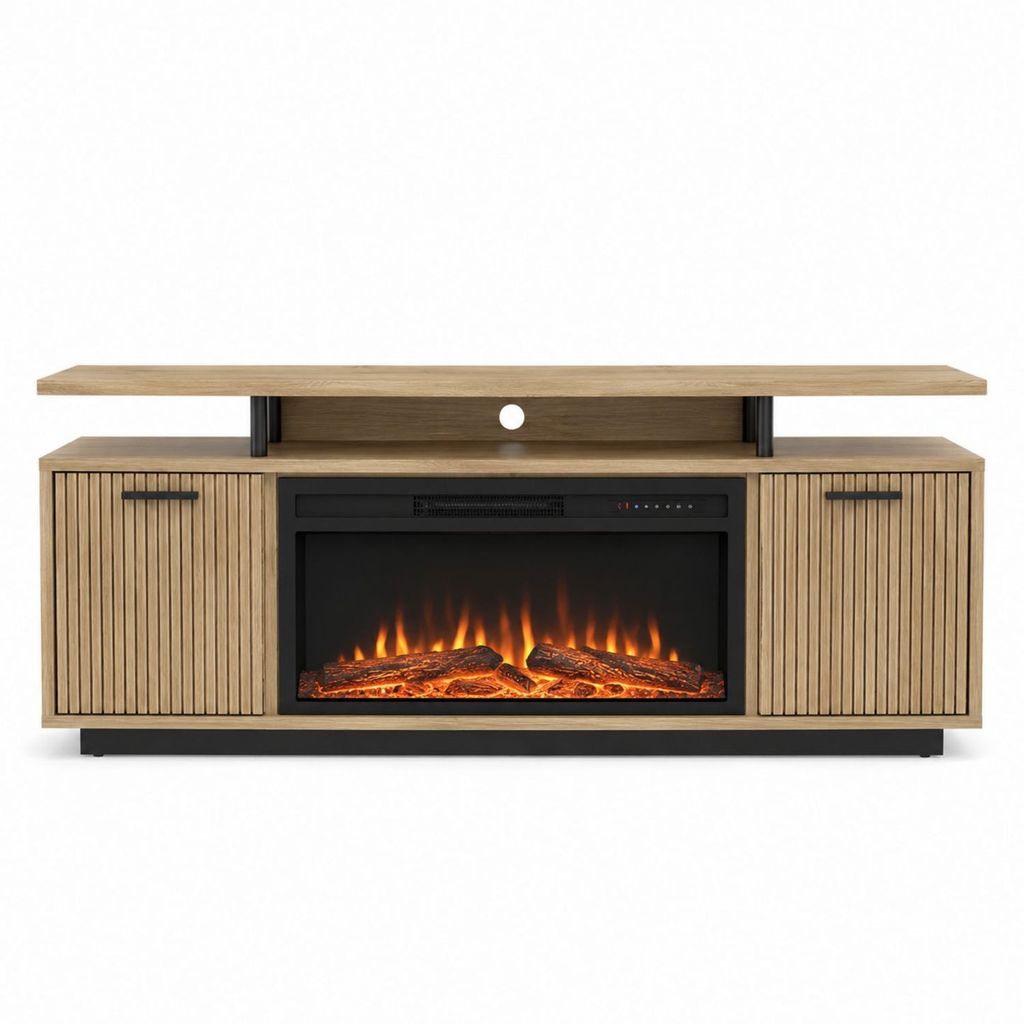 Oak Wood TV Stand with Electric Fireplace and Storage Cabinets 140x60x40cm