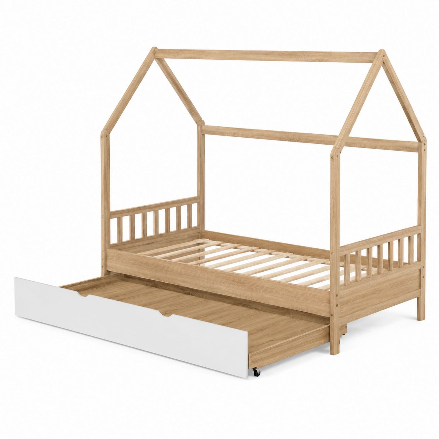 Wood Twin Size House Bed with Trundle in Natural/White