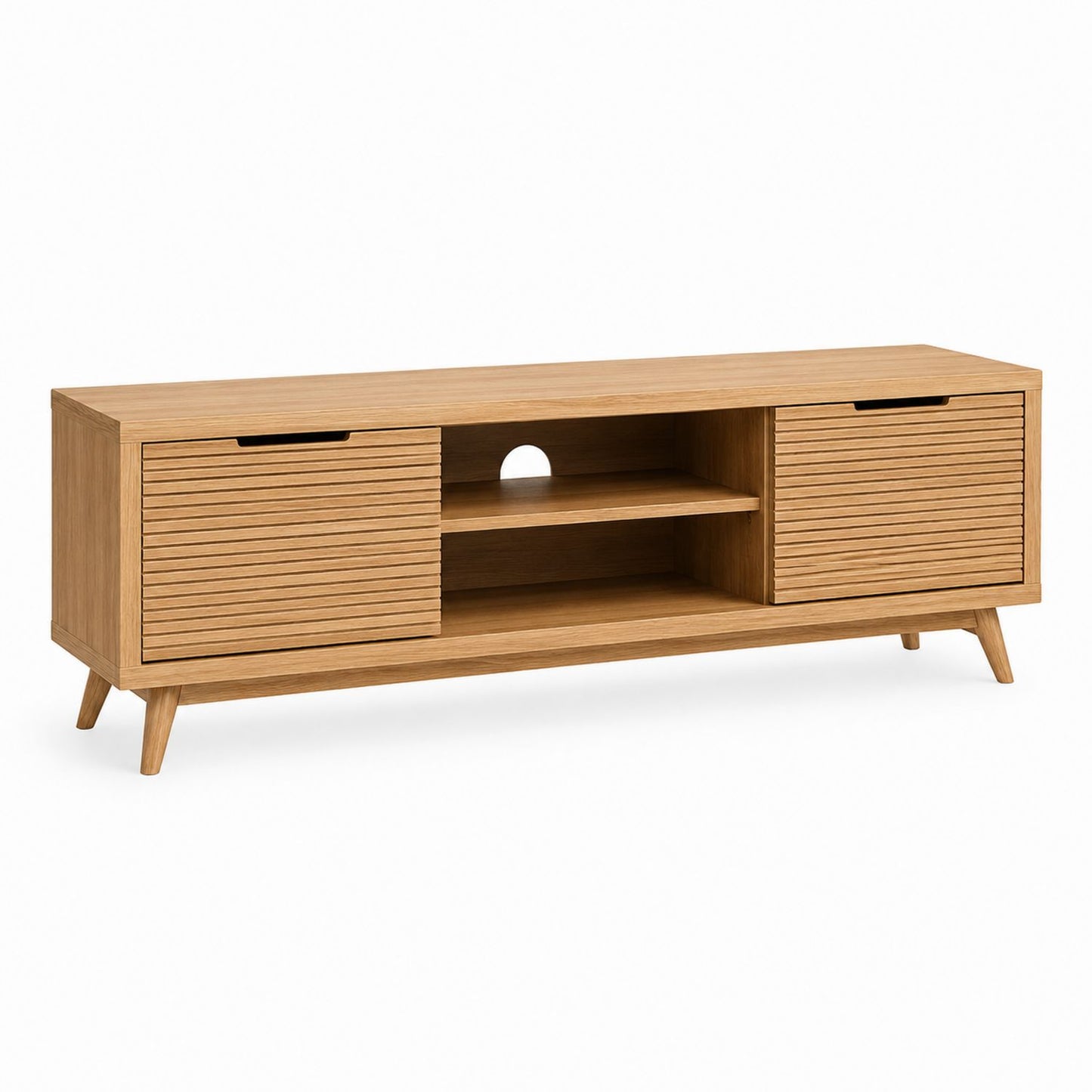 Wood TV Stand with Open Shelves and Sliding Doors in Natural Finish 140cm