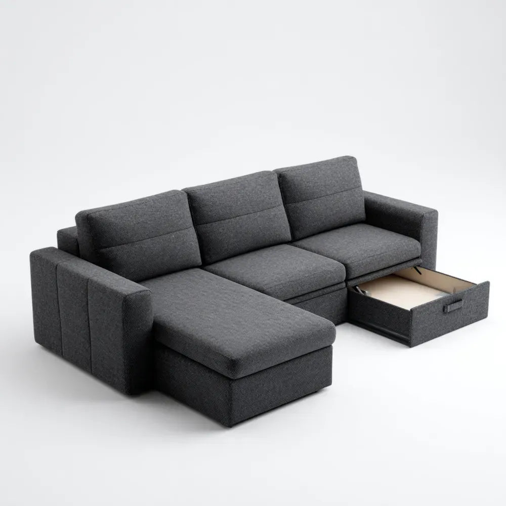 Sectional Sofa Fabric Upholstery 240x150x85 cm with Storage – Dark Gray – Modern Convertible Design