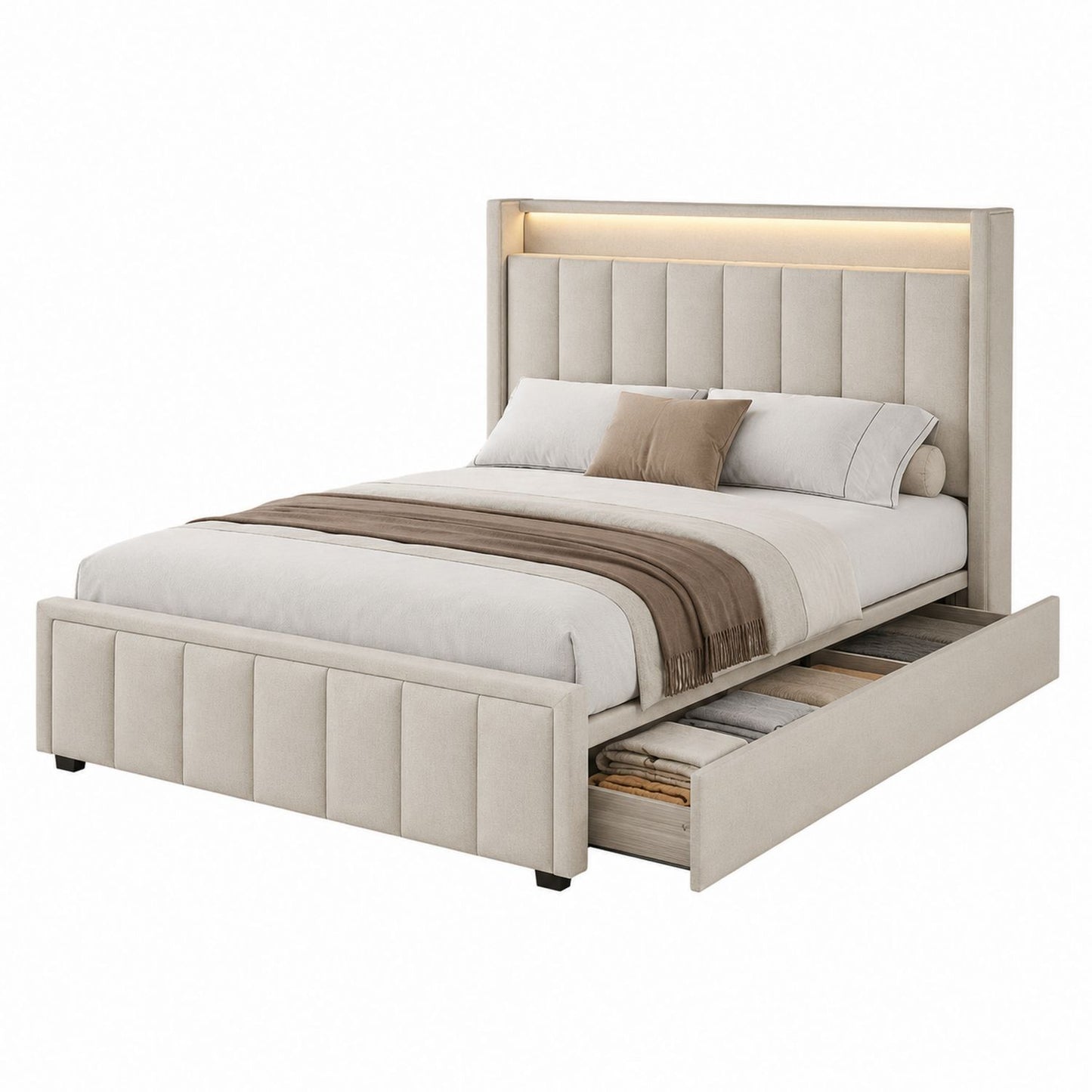 Polyester Upholstered Platform Bed with Storage Drawers and LED Headboard Beige Queen Size