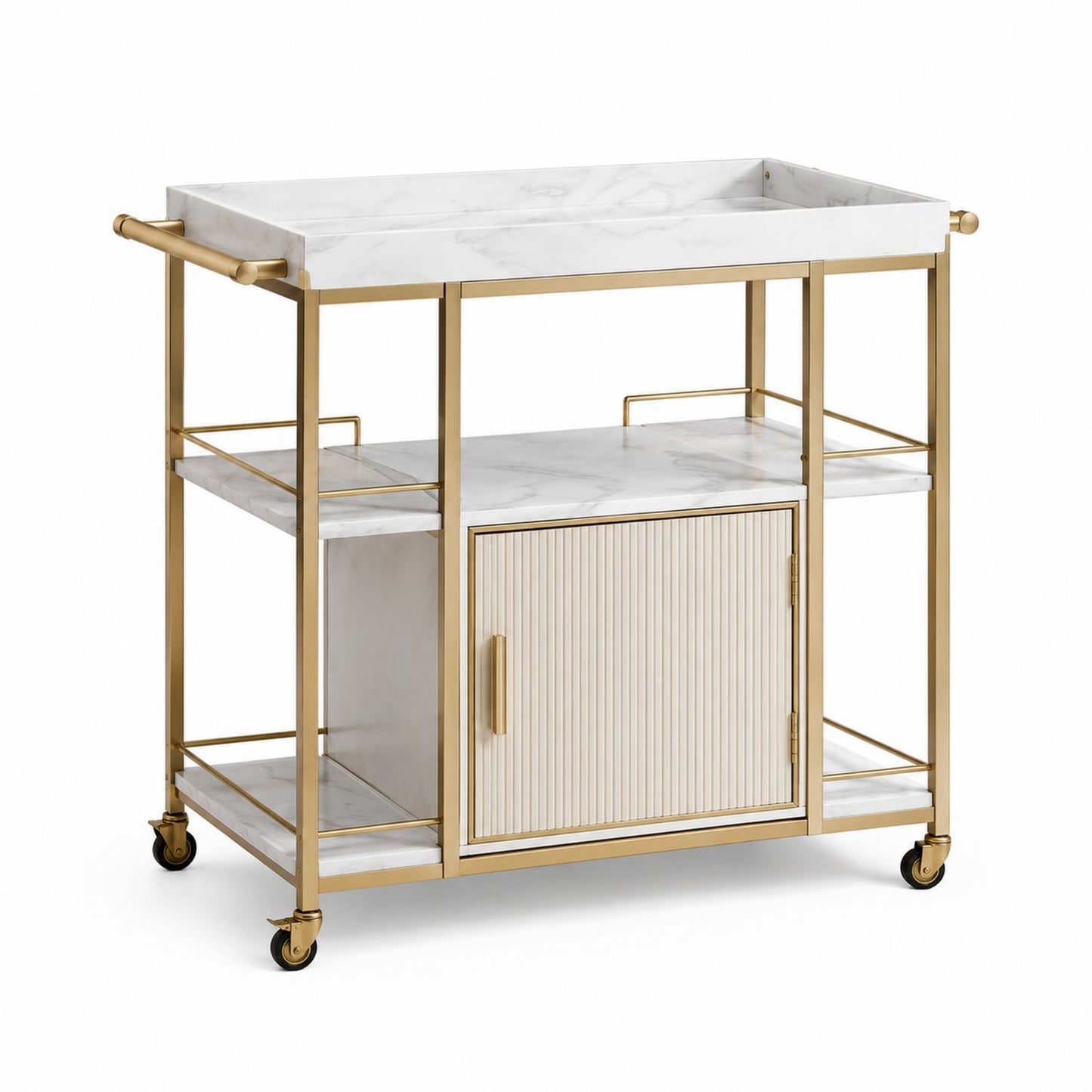 Marble Top Gold Metal Bar Cart with Cabinet and Shelves on Wheels