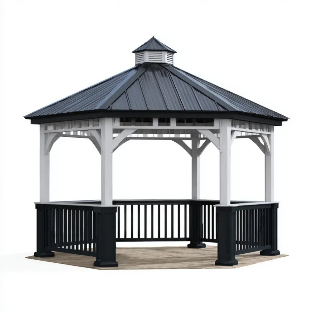 Tonnelle avec Toit Métallique 350x350x300 cm – Noir/Blanc – Design Traditionnel