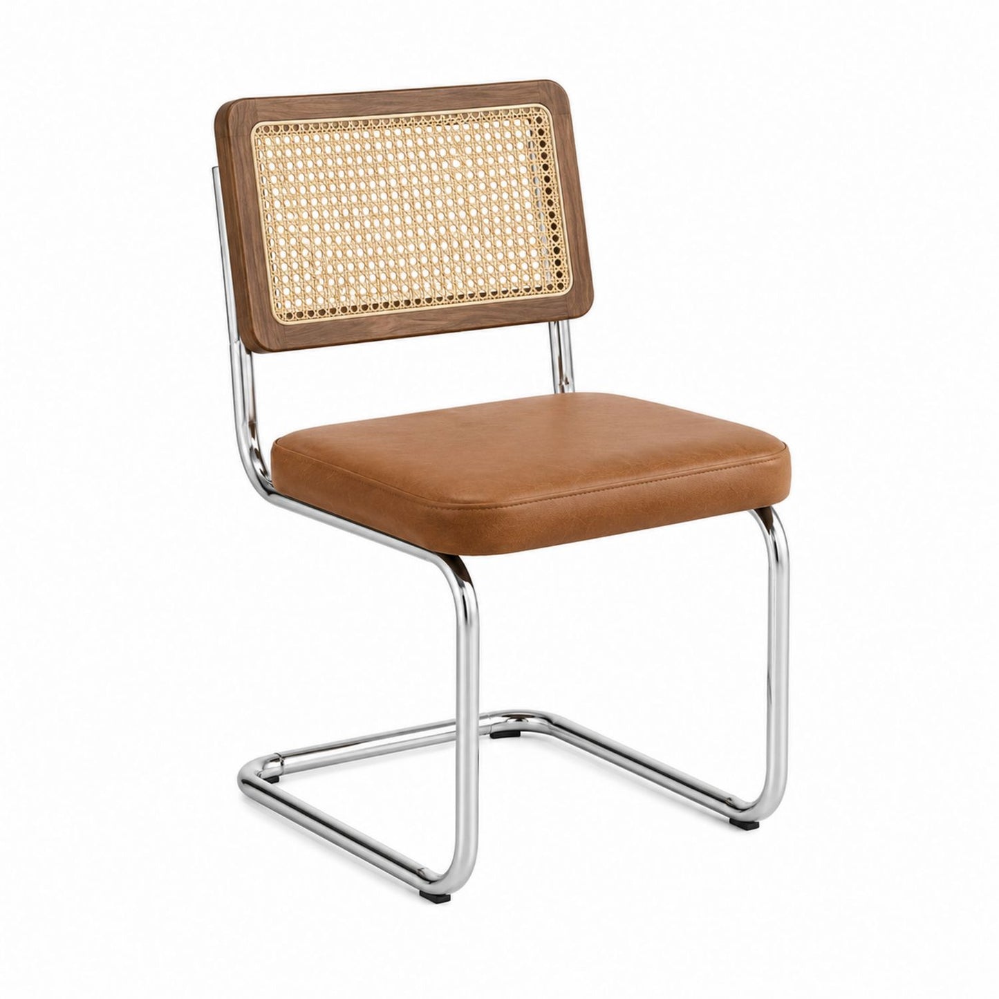 Dining Chair with Rattan Backrest and Faux Leather Seat, Brown with Chrome Frame