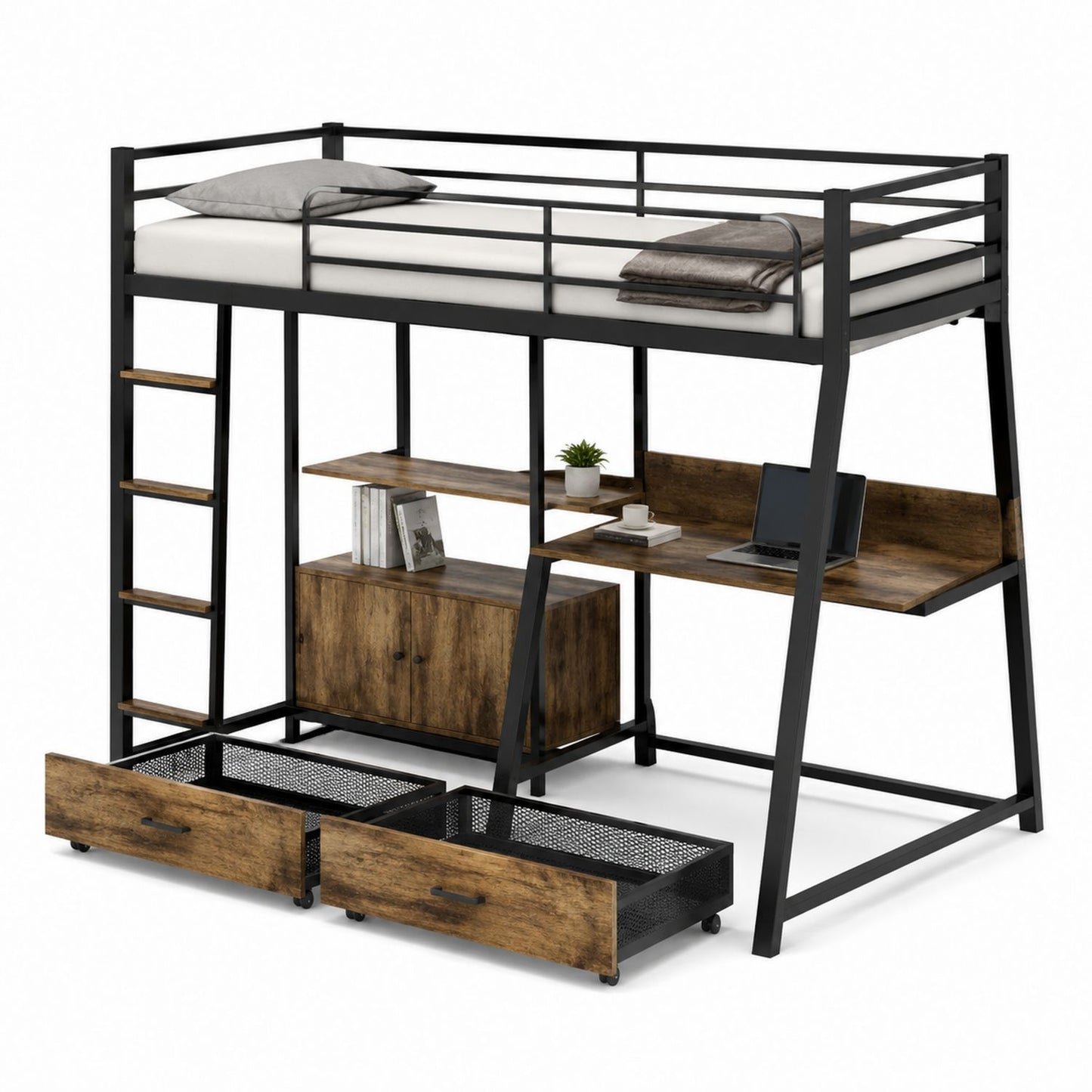 Metal Loft Bed with Desk and Storage Drawers, Black/Brown, 200cm x 100cm