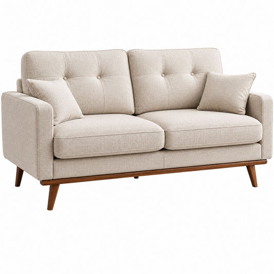Mid-Century Modern Fabric Sofa Beige Polyester with Wooden Legs 162cm