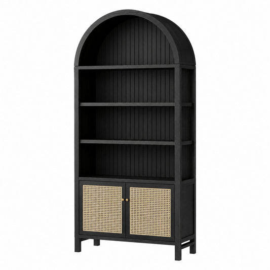 Black Wood and Rattan Bookcase with Arched Top and Doors 183cm x 90cm x 40cm