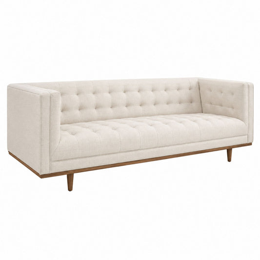 Beige Linen Three-Seater Sofa with Wooden Base