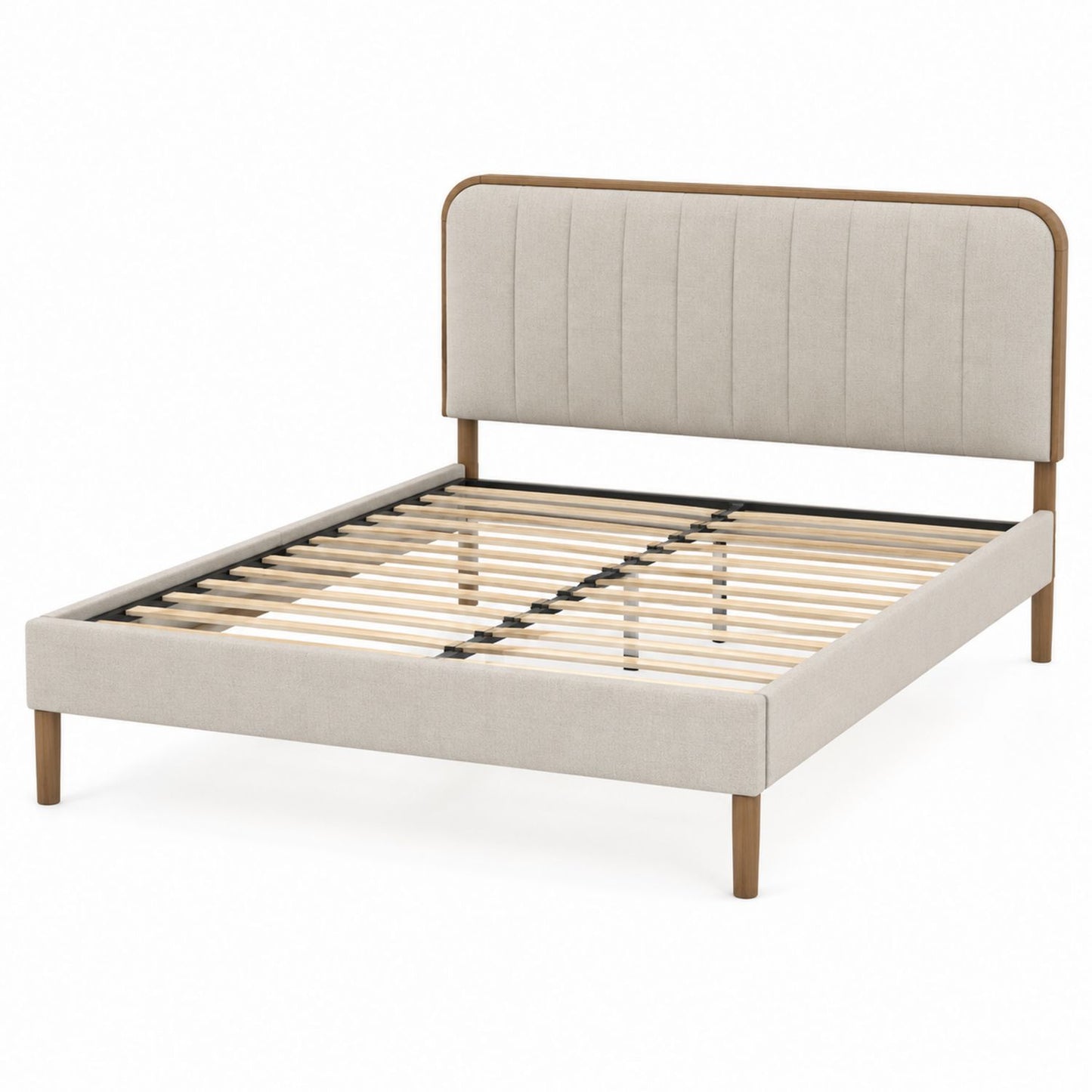 Queen Upholstered Platform Bed with Beige Fabric and Wood Legs