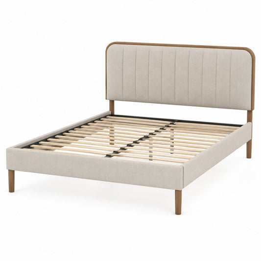 Queen Upholstered Platform Bed with Beige Fabric and Wood Legs