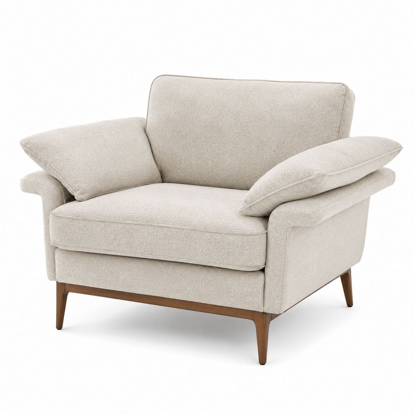 Beige Fabric Armchair with Solid Wood Legs