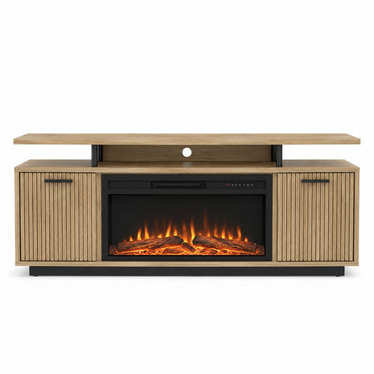 Oak Wood TV Stand with Electric Fireplace and Storage Cabinets 140x60x40cm