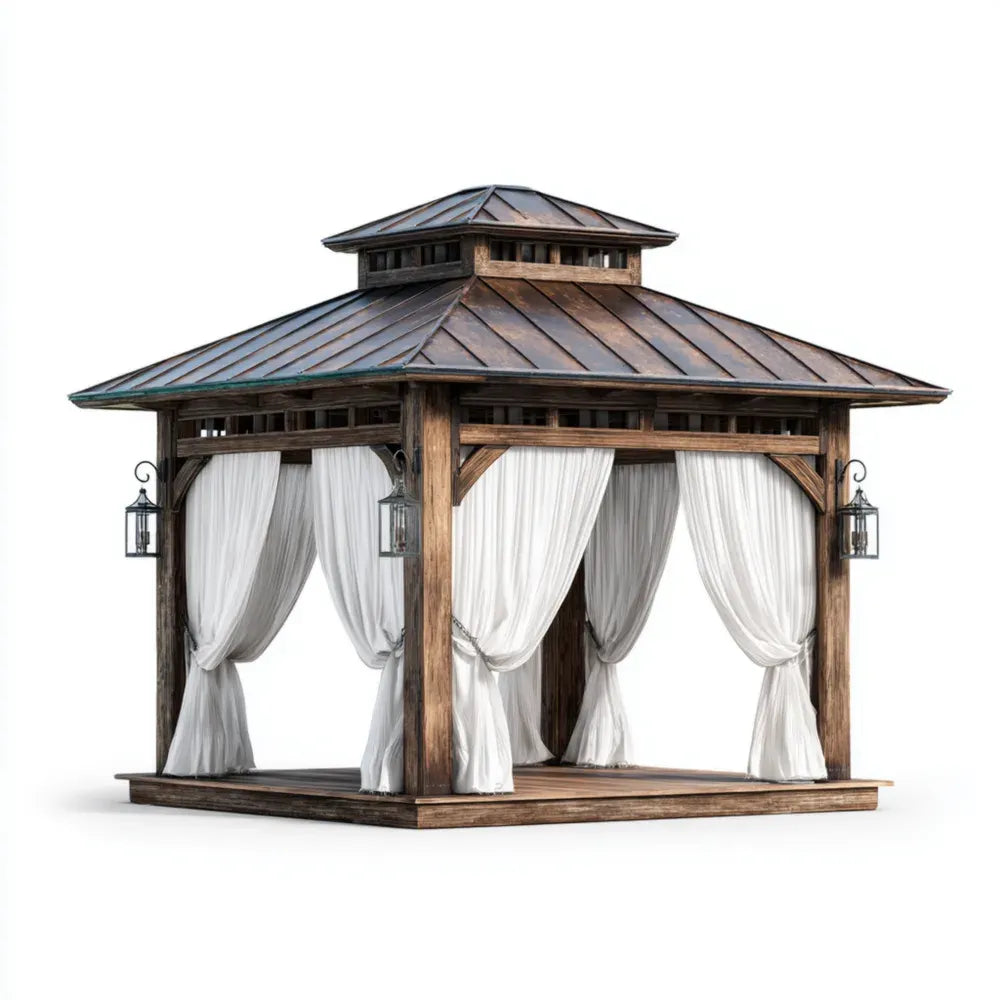 Wooden Gazebo with Curtains – 300x300x250 cm – Rustic Outdoor Pavilion