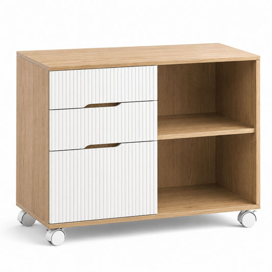 Wood and White Rolling Storage Cabinet with Shelves and Drawers