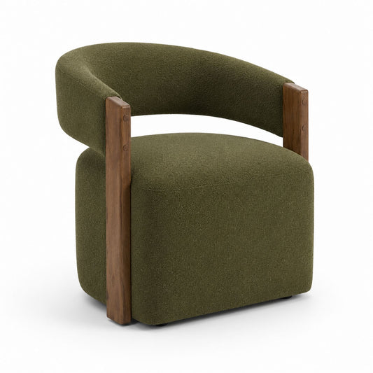 Olive Green Boucle Dining Chair with Walnut Wood Frame