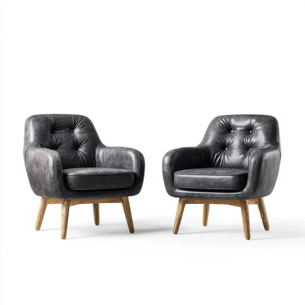 Armchair Set Faux Leather 75x75x86 cm - Black - Mid-Century Design