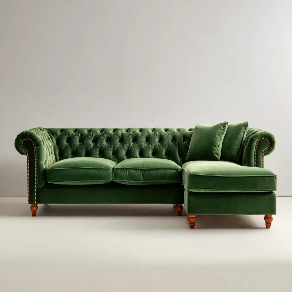Corner Sofa Velvet Upholstered – 230x85x75 cm – Green – Classic Design