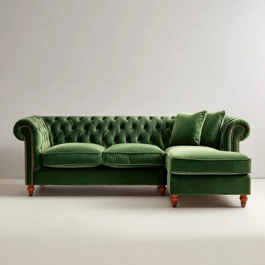 Corner Sofa Velvet Upholstered – 230x85x75 cm – Green – Classic Design