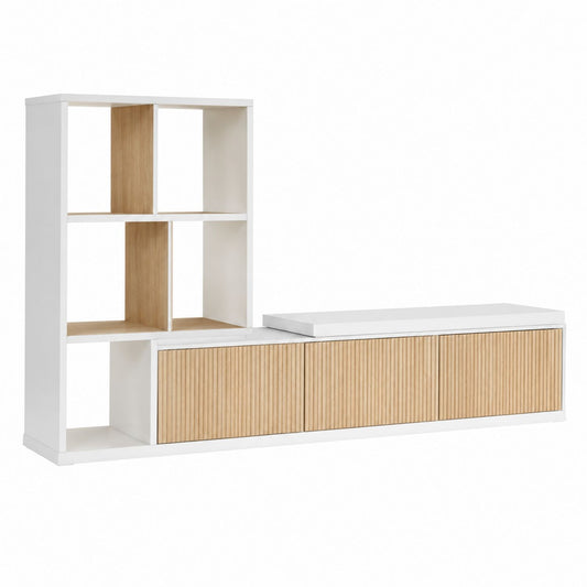 MDF and Natural Wood Veneer TV Stand with Shelf Unit White/Natural 150x140x40 cm