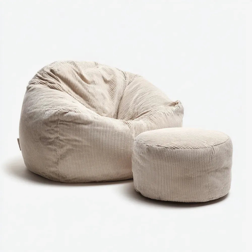 Bean Bag Chair Set - 85x85x70 cm Corduroy Fabric with Ottoman - 45x45x30 cm - Beige - Cozy Relaxation