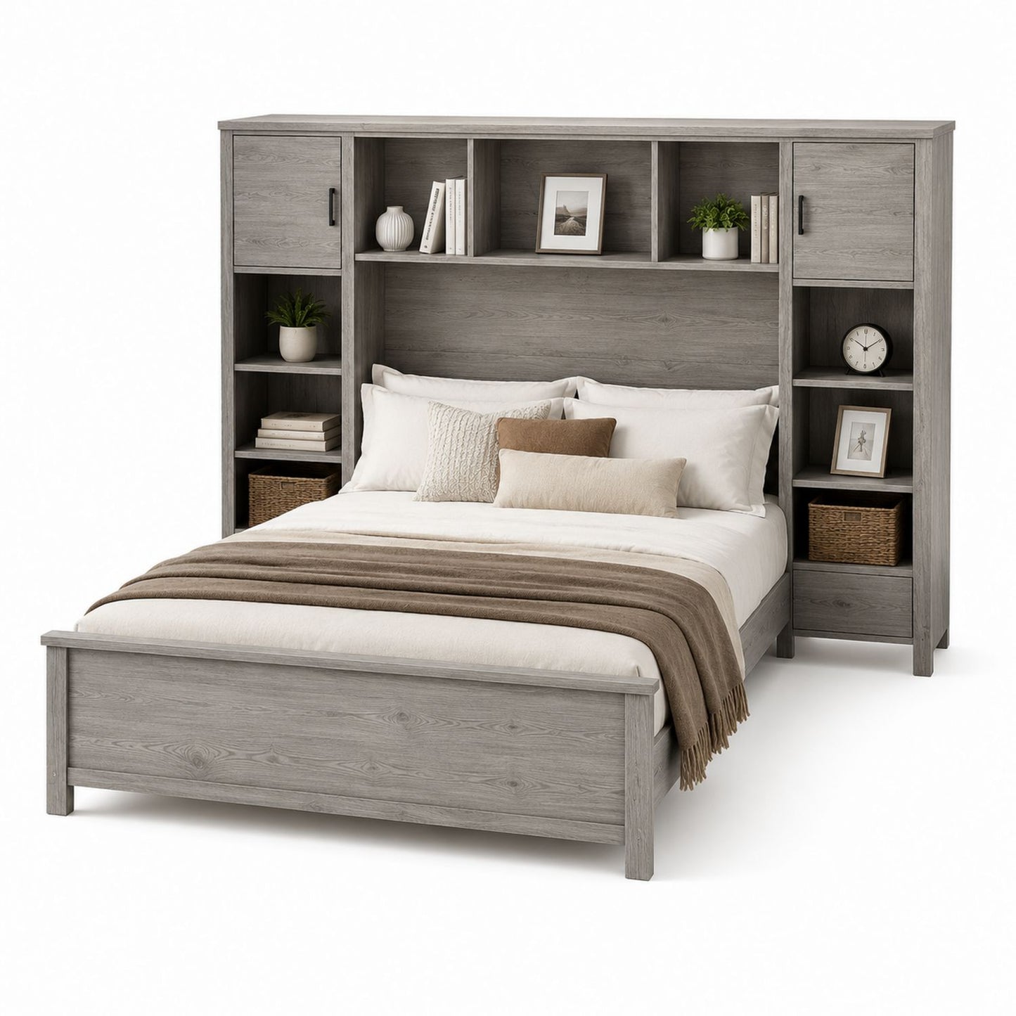 Wooden Bed with Shelving Headboard in Gray - Queen Size