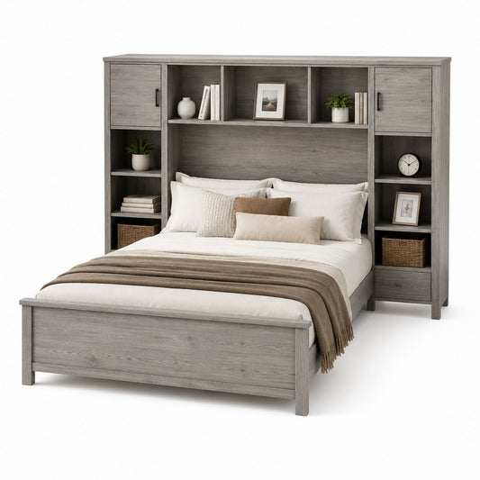 Wooden Bed with Shelving Headboard in Gray - Queen Size
