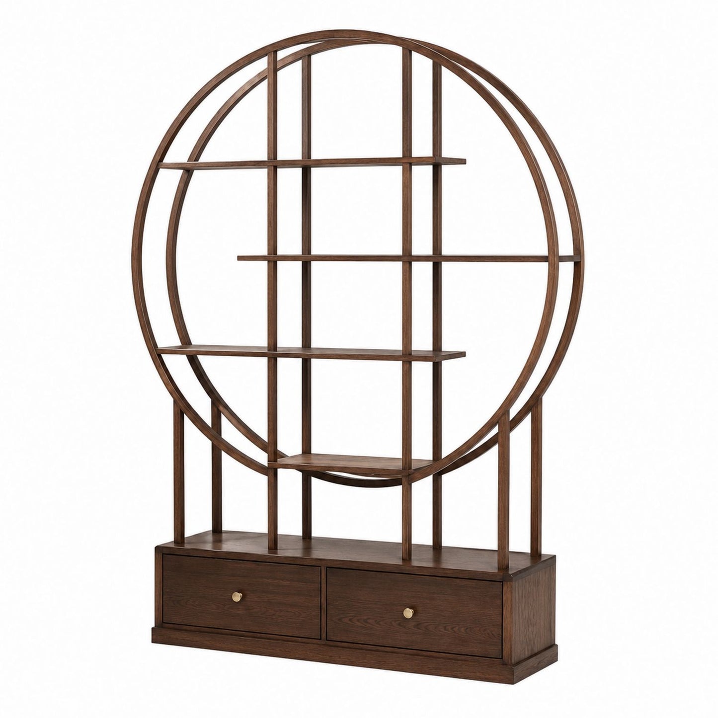 Round Wooden Bookshelf with Drawers Oak Brown 180cm