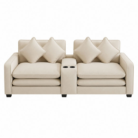 Beige Fabric Sectional Sofa with Cup Holders