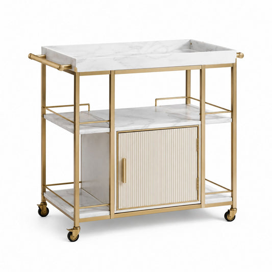 Marble Top Gold Metal Bar Cart with Cabinet and Shelves on Wheels