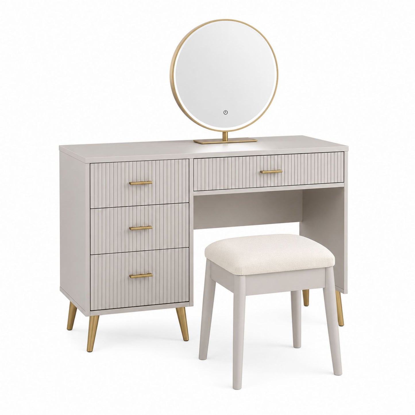 Vanity Set with Mirror and Stool in Wood Grey with Gold Accents