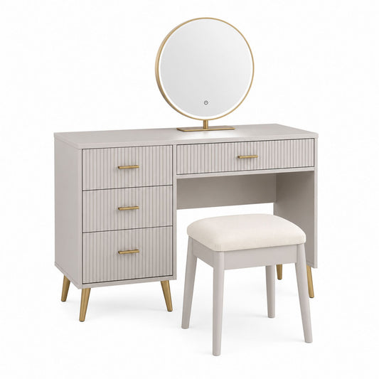 Vanity Set with Mirror and Stool in Wood Grey with Gold Accents