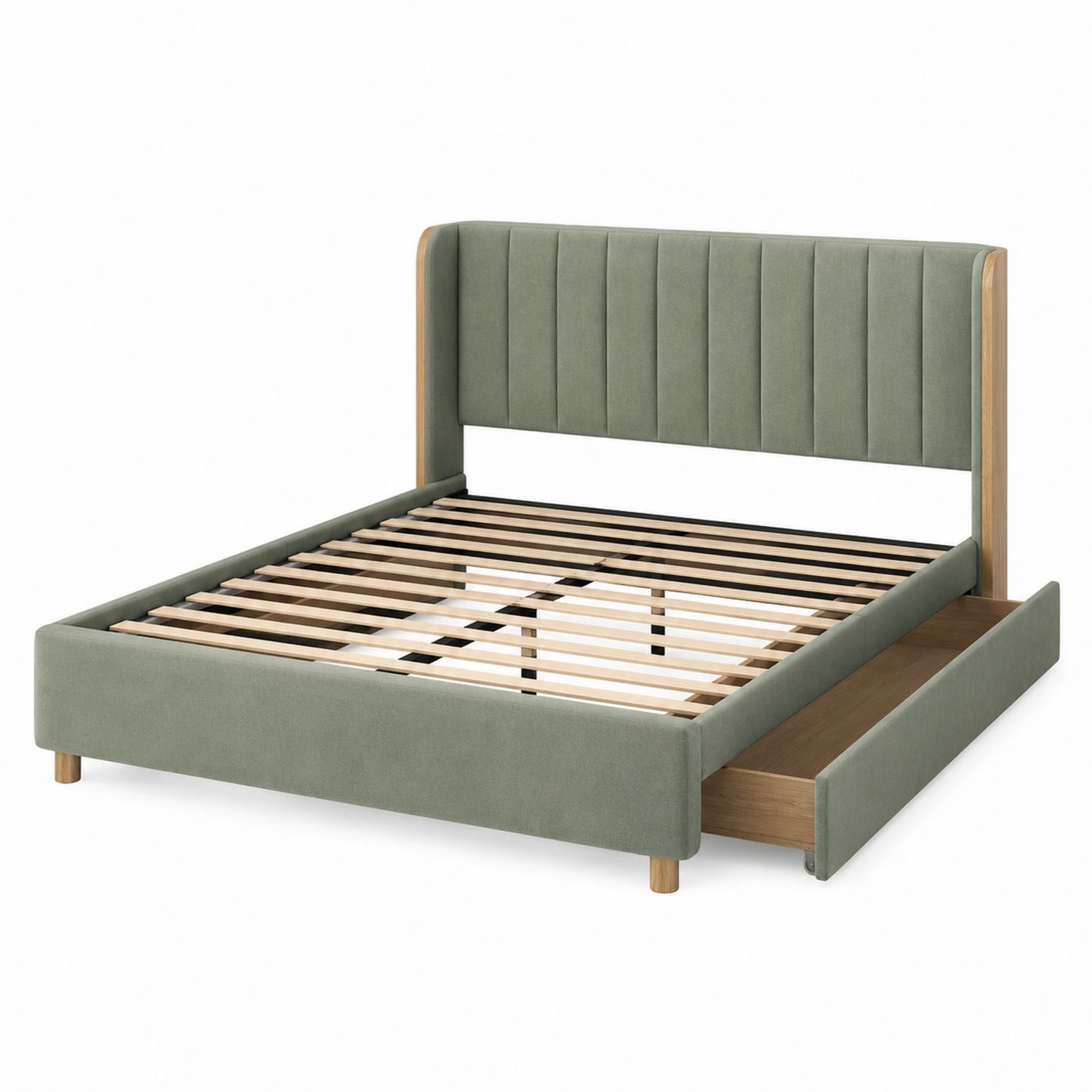 Queen Size Fabric Upholstered Bed Frame with Drawer and Headboard