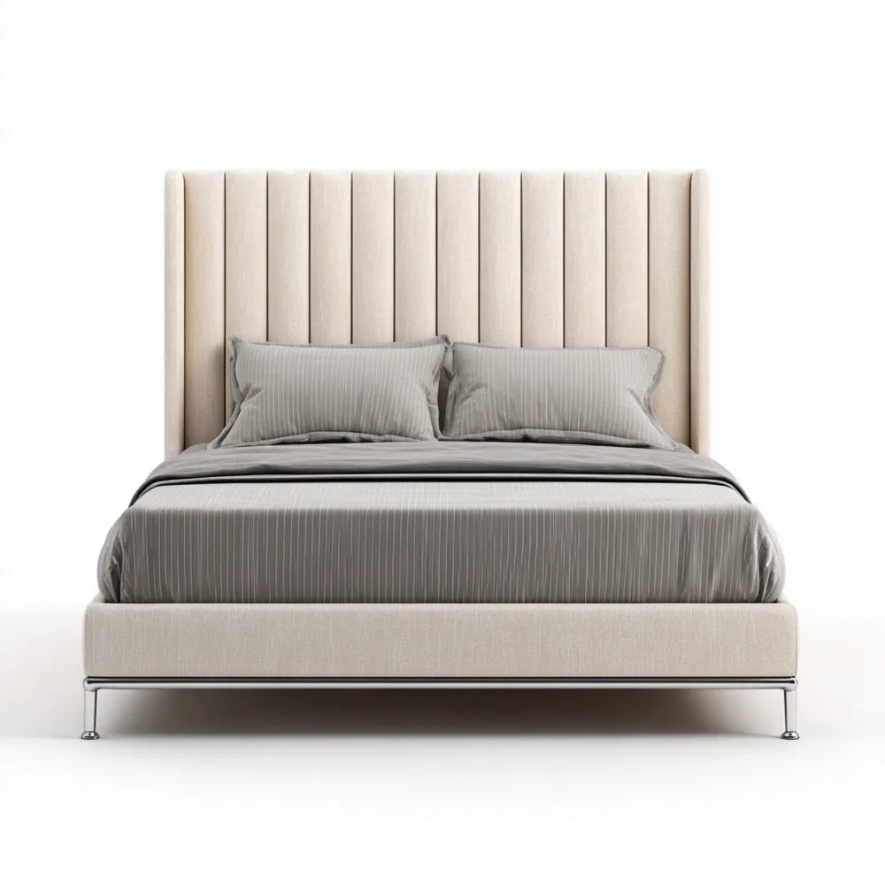 Double Bed Upholstered Fabric Frame 200x150x120 cm - Beige - Modern Style