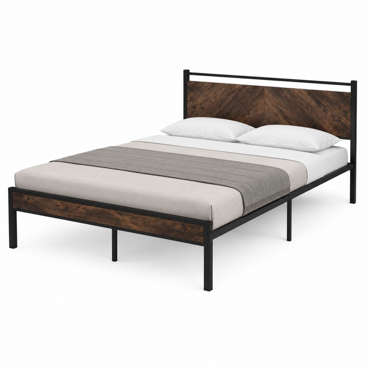 Metal and Wood Queen Bed Frame Black/Brown