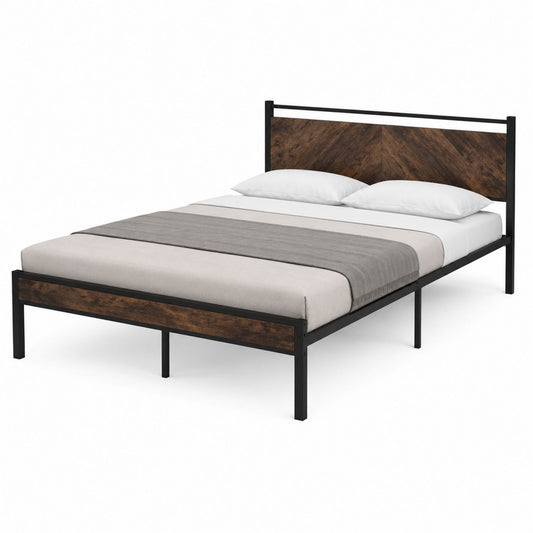 Metal and Wood Queen Bed Frame Black/Brown