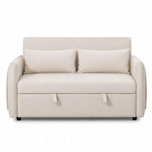 Beige Fabric Sofa Bed with Pull-out Sleeper and Cushions