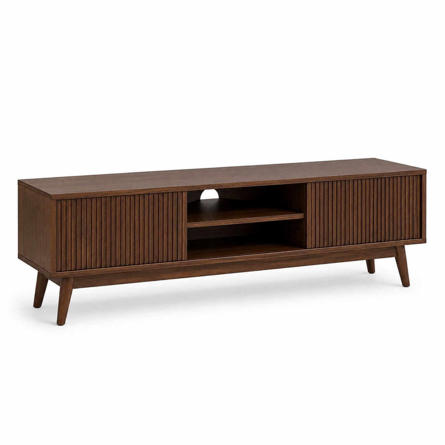 Walnut Wood TV Stand with Sliding Doors and Open Shelves 180cm