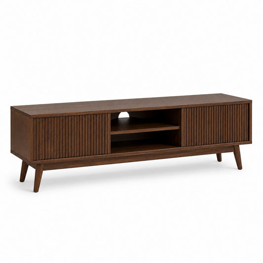 Walnut Wood TV Stand with Sliding Doors and Open Shelves 180cm