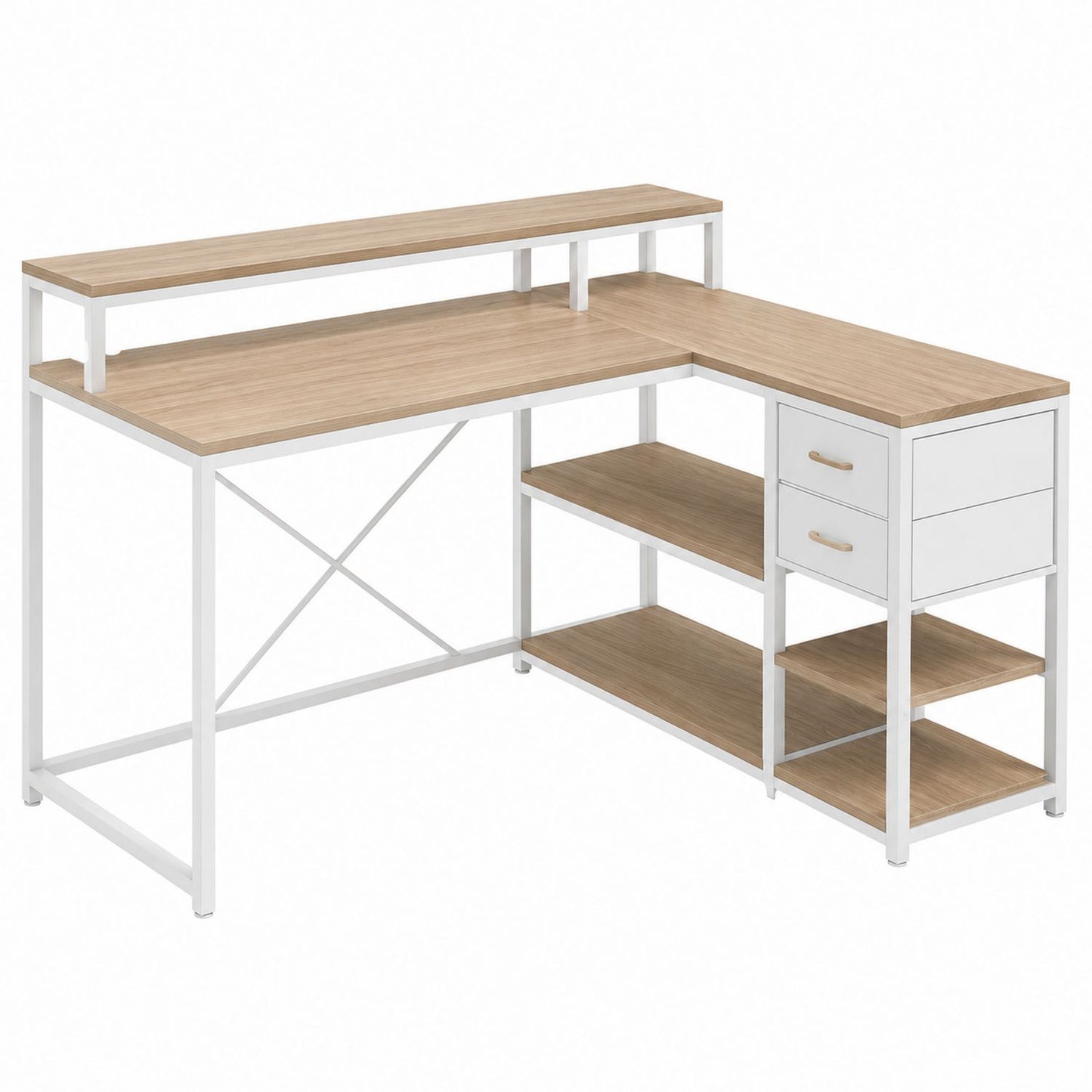 L-Shaped Wood and Metal Office Desk with Shelves and Drawers Oak/White