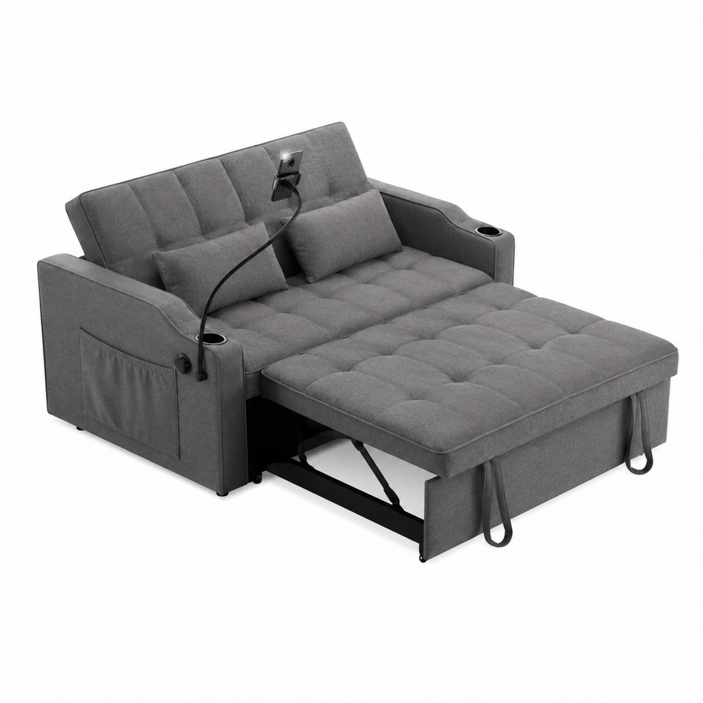 Convertible Fabric Sofa Bed with Adjustable Backrest and Cup Holder 188cm