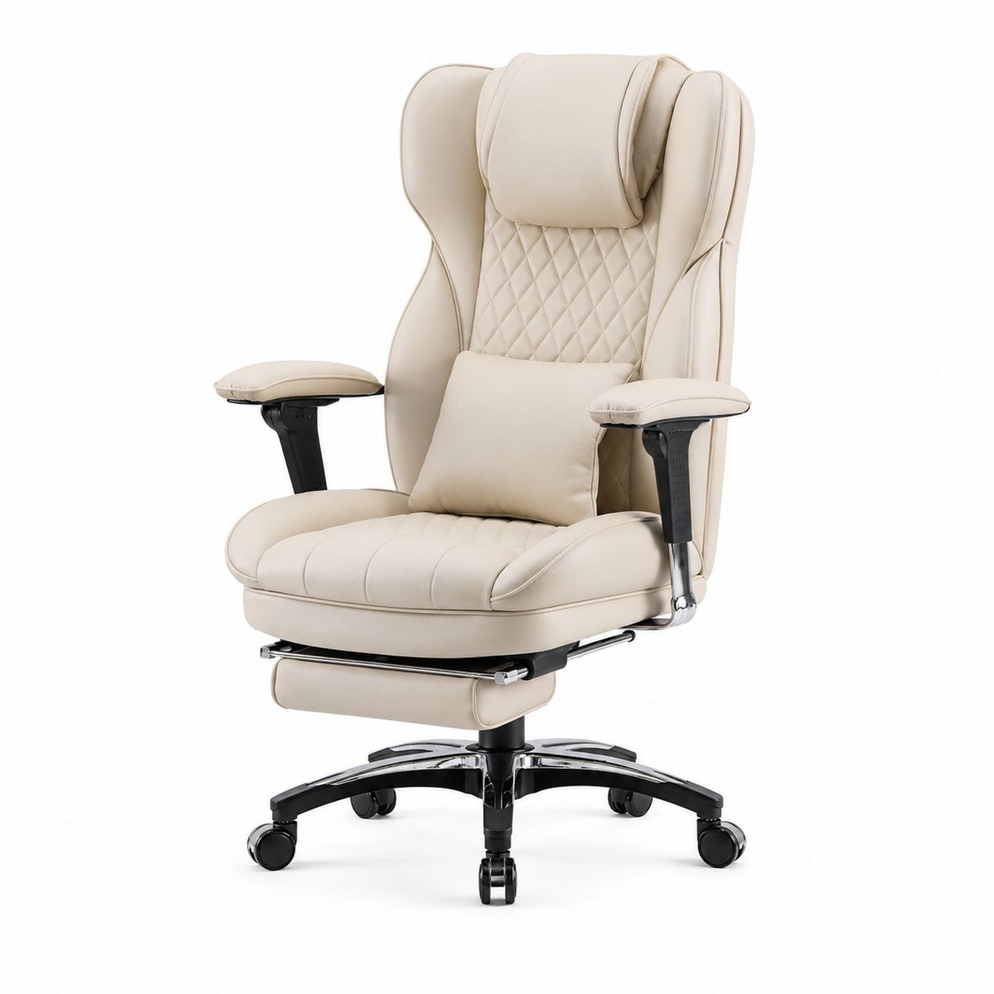 Ergonomic PU Leather Office Chair with Reclining Backrest and Footrest Beige