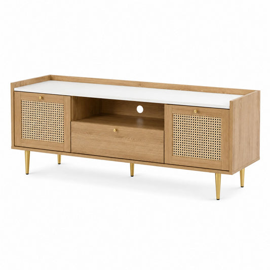 Wood TV Stand with Rattan Accents and Brass Legs 150x40x45 cm