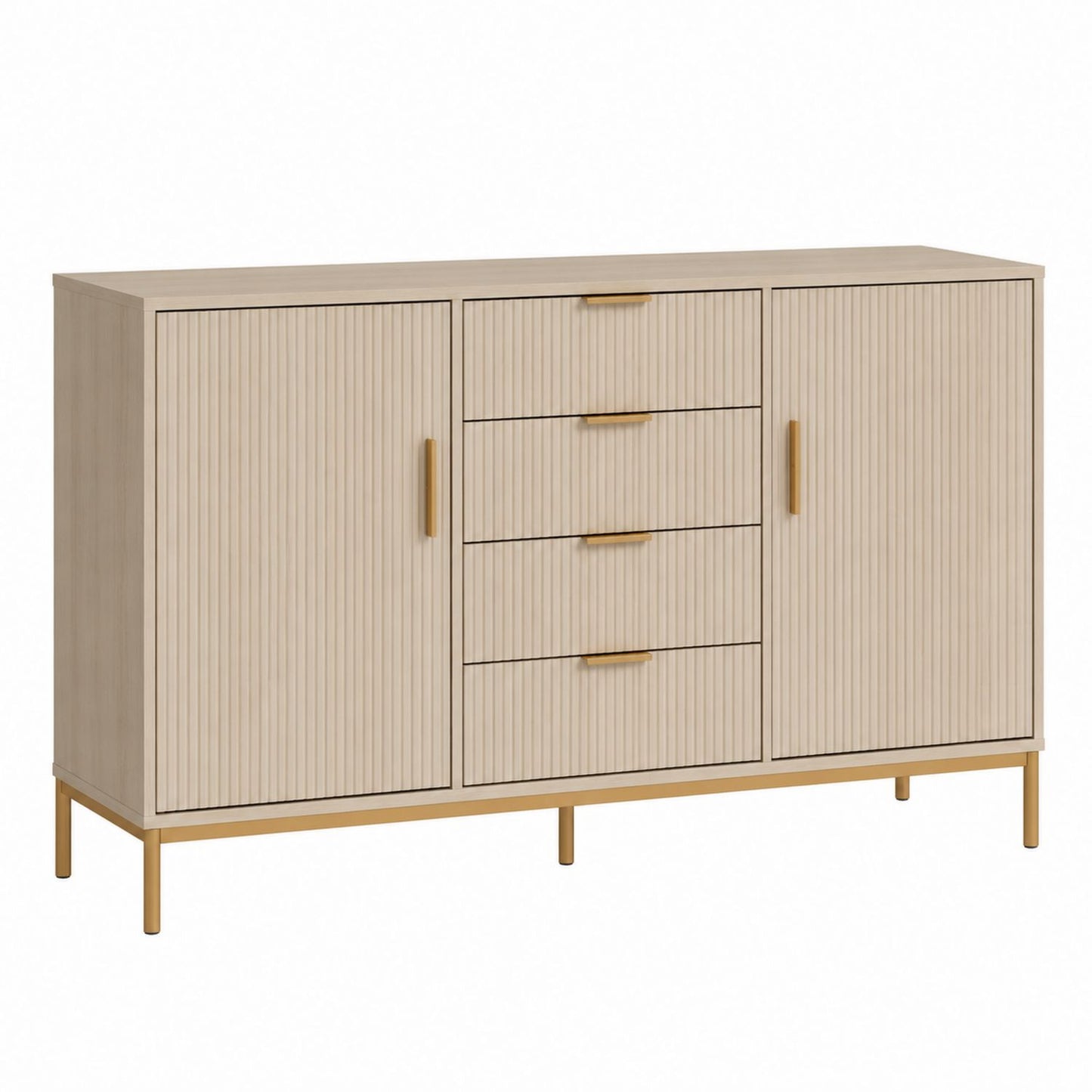 Beige Wood Sideboard with 2 Doors and 4 Drawers, 150cm x 40cm x 90cm