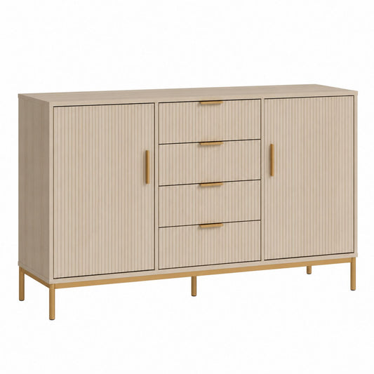 Beige Wood Sideboard with 2 Doors and 4 Drawers, 150cm x 40cm x 90cm