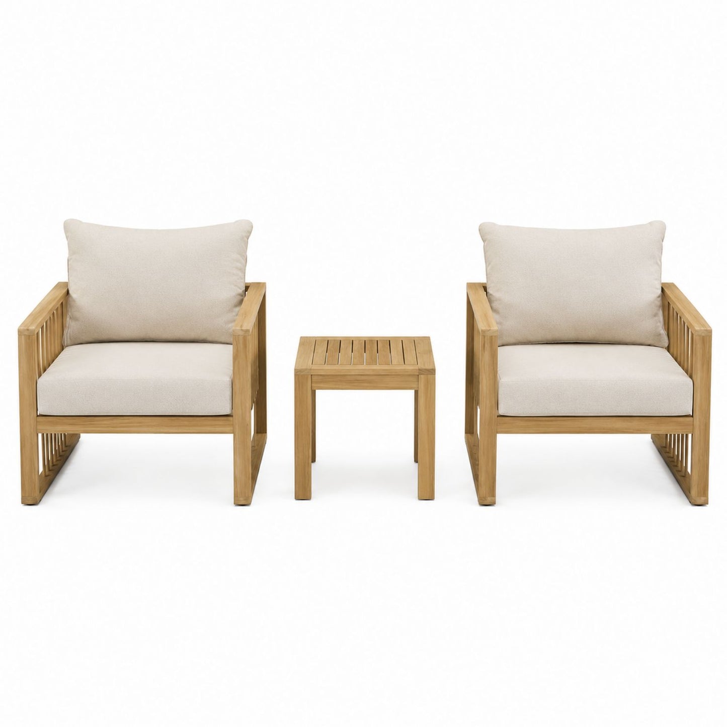 2-Piece Teak Wood Outdoor Chair Set with Beige Cushions and Side Table