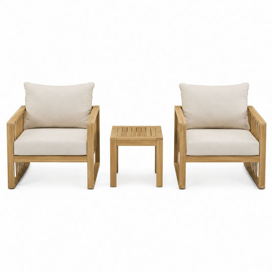 2-Piece Teak Wood Outdoor Chair Set with Beige Cushions and Side Table