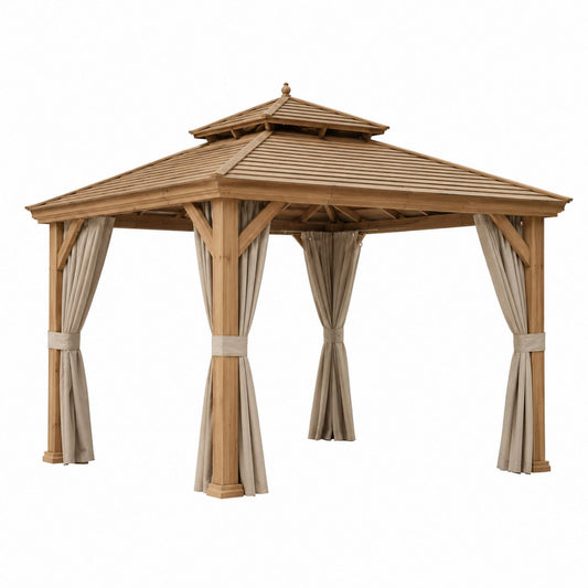 Wooden Outdoor Gazebo with Beige Polyester Curtains 300 cm x 300 cm x 270 cm